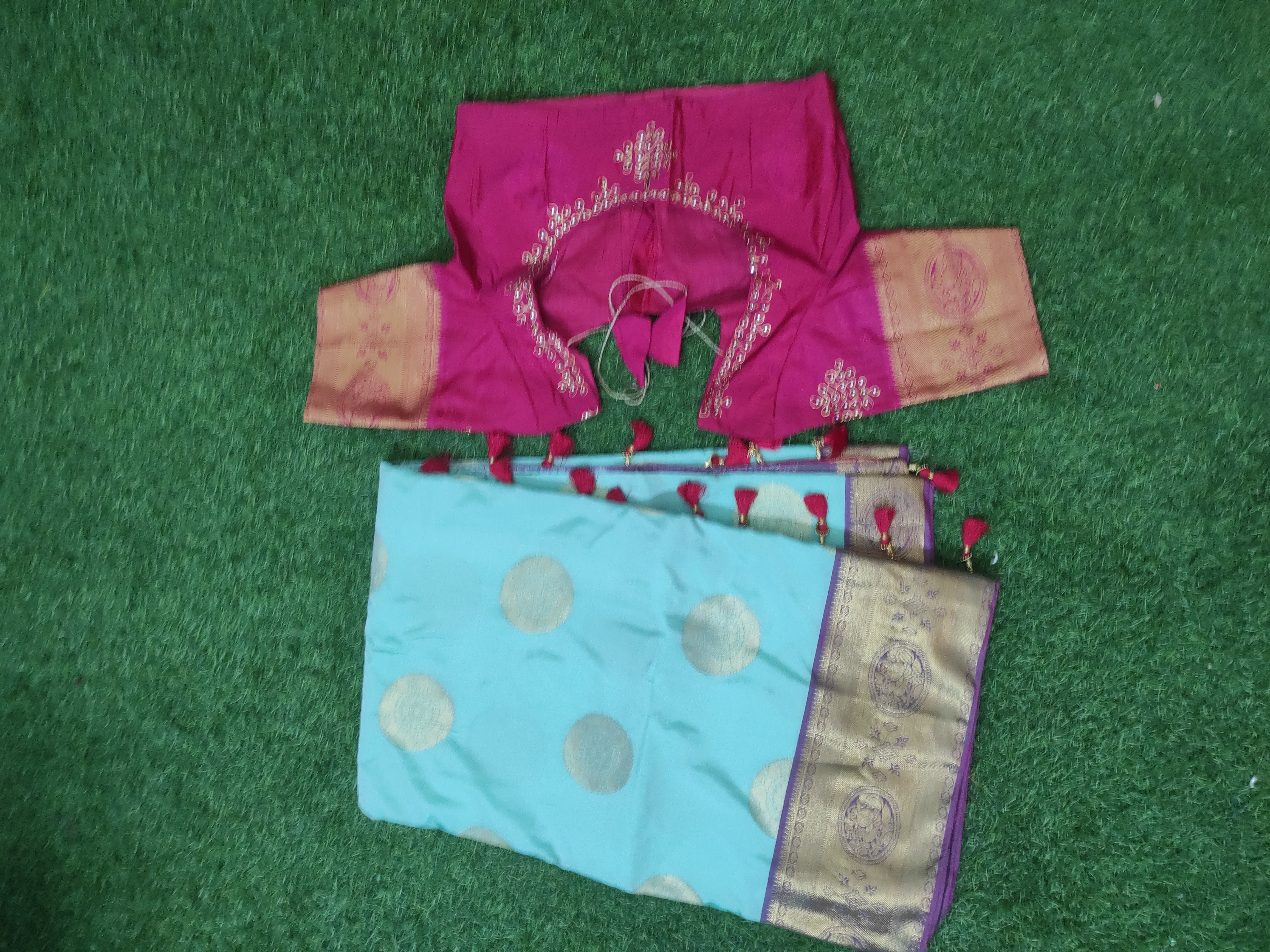 Semi Kanchi pattu saree with tanjore blouse Saree